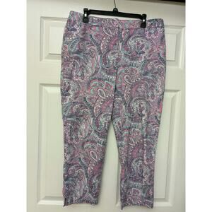 Talbots Perfect Crop Pants Womens 12 Purple Paisley Stretch Cotton Ankle